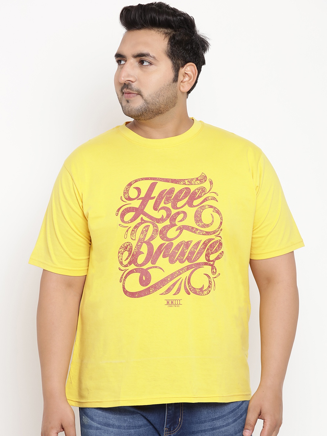 

John Pride Plus Size Men Yellow Printed Stretchable Round Neck Pure Cotton T-shirt