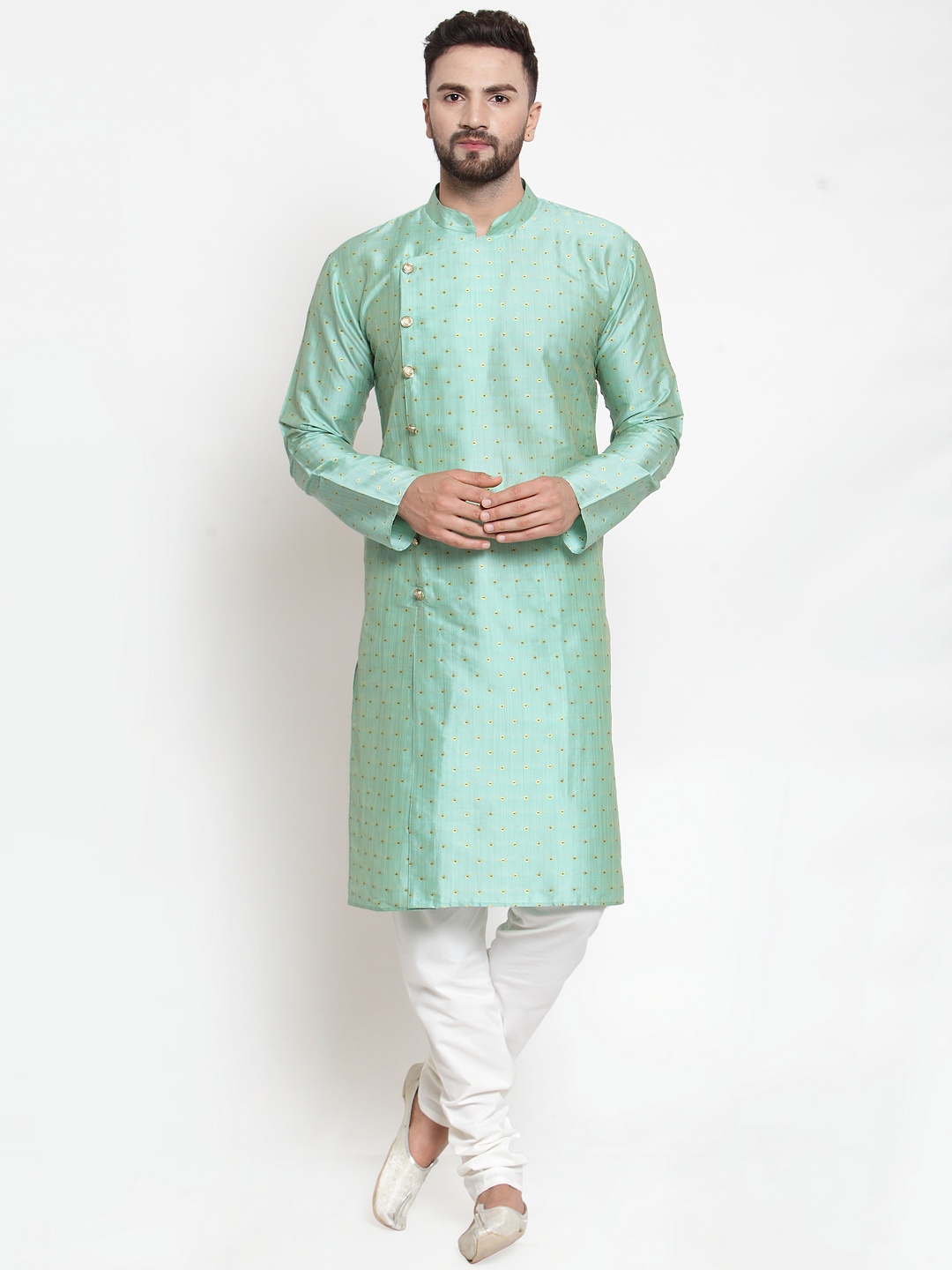 

Jompers Men Turquoise Blue & White Self Design Kurta with Churidar