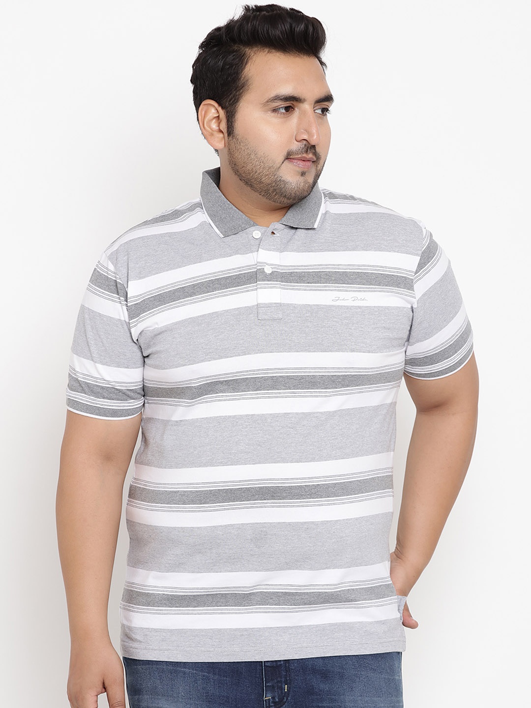 

John Pride Plus Size Men Grey Striped Polo Collar T-shirt