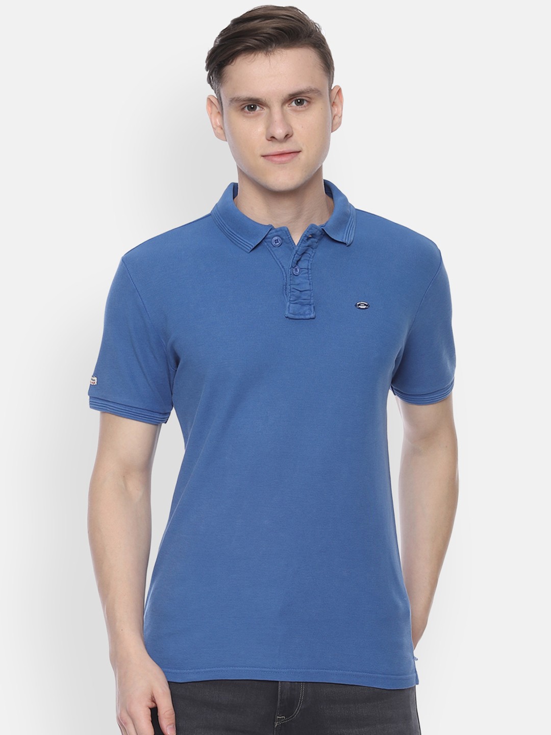 

People Men Blue Solid Polo Collar Pure Cotton T-shirt