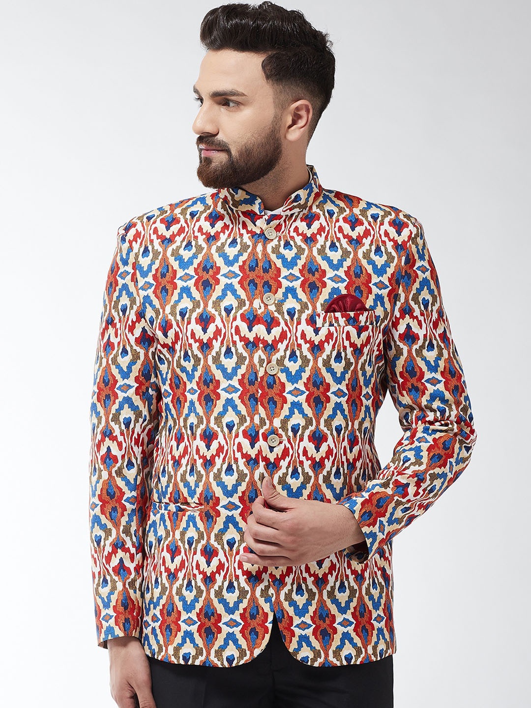 

SOJANYA Men Red & Blue Printed Bandhgala Blazer