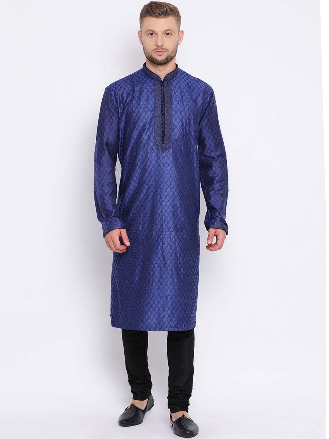 

Sanwara Men Blue & Black Self Design Kurta with Churidar