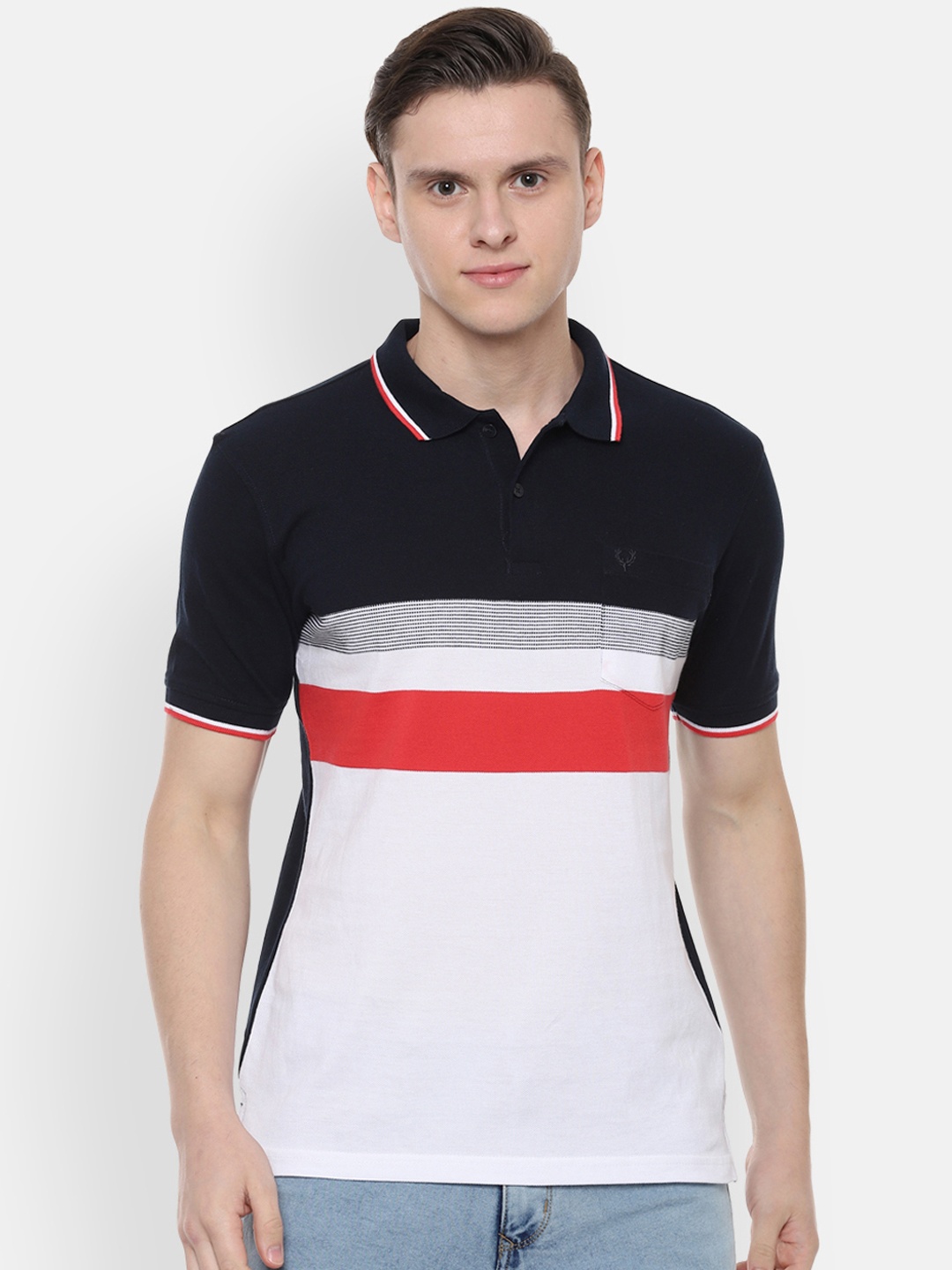 Allen Solly Men Navy Blue Colourblocked Polo Collar Pure Cotton T-shirt