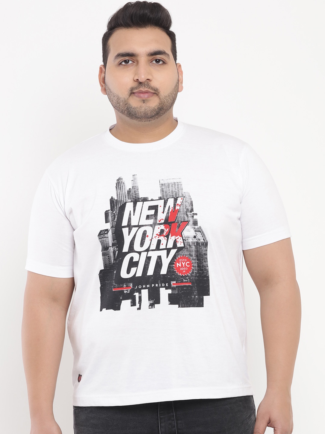 

John Pride Plus Size Men White Printed Stretchable Round Neck T-shirt
