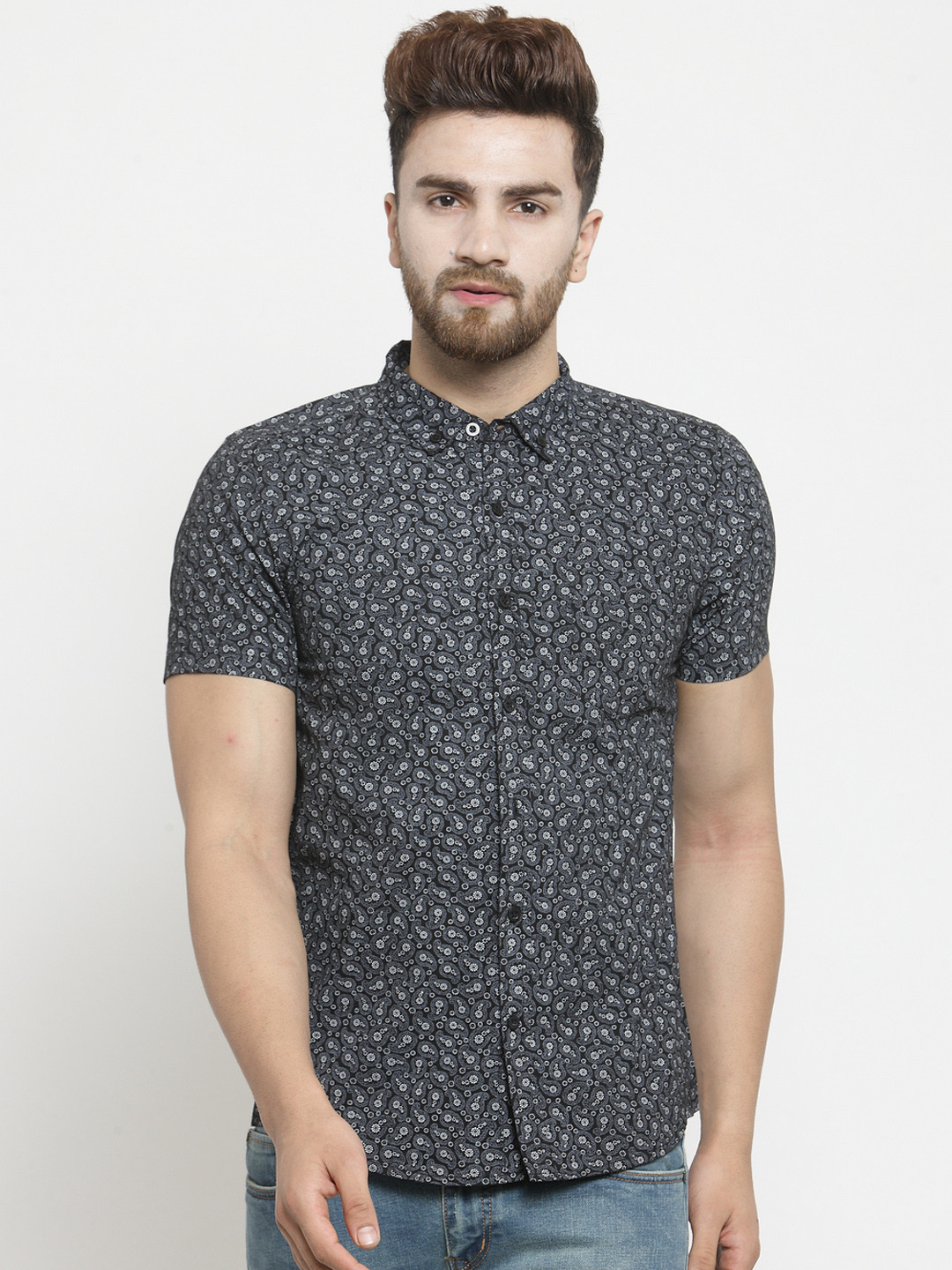 

Purple State Men Black Slim Fit Printed Casual Shirt