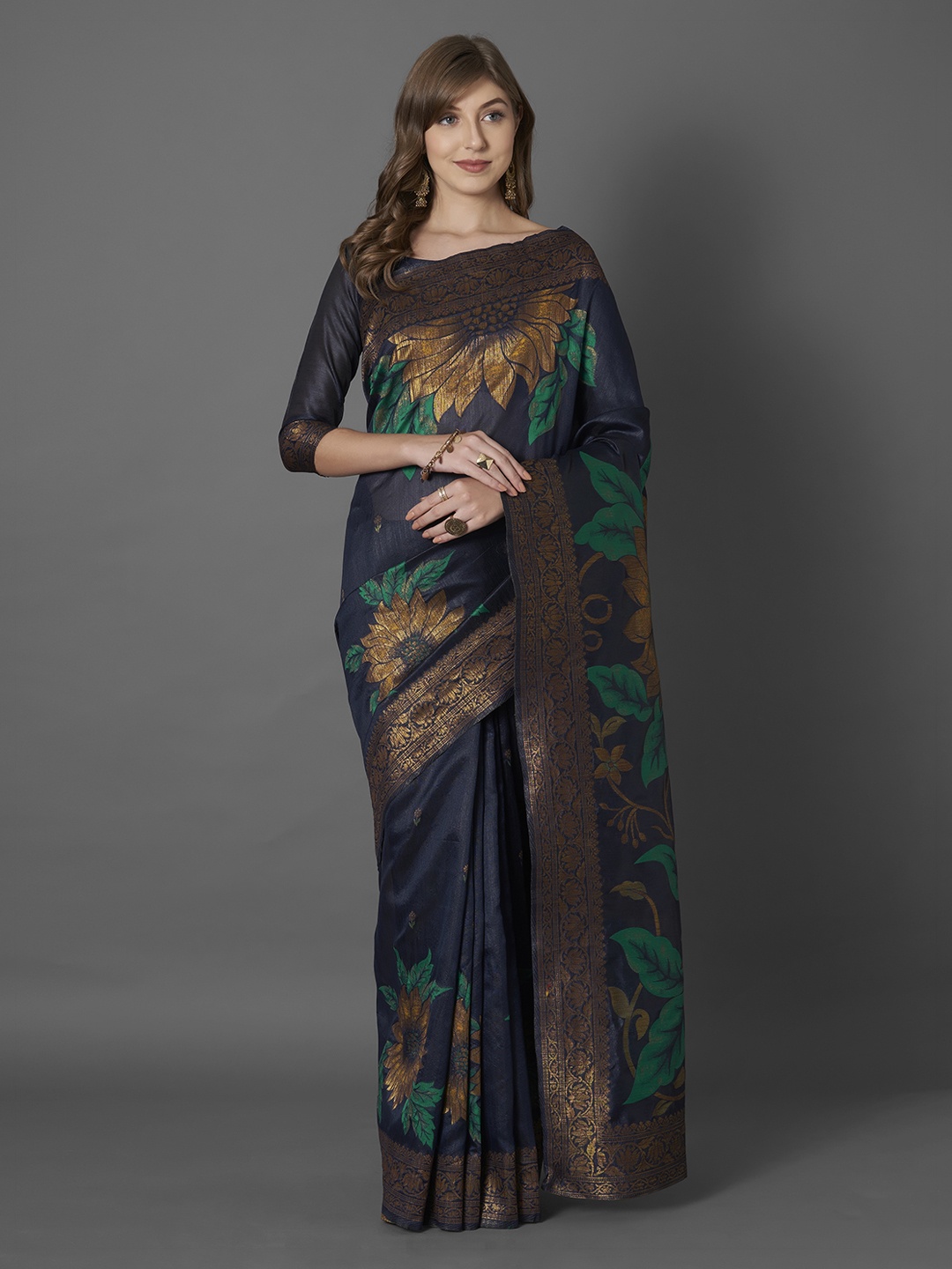

Mitera Navy Blue & Gold-Coloured Silk Blend Woven Design Banarasi Saree