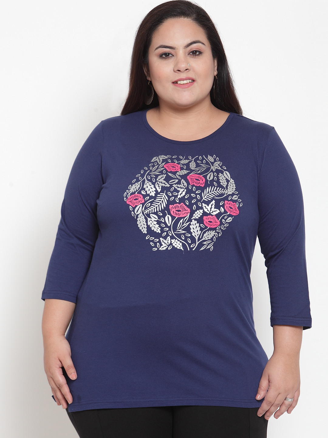 

plusS Women Navy Blue Printed Pure Cotton Top