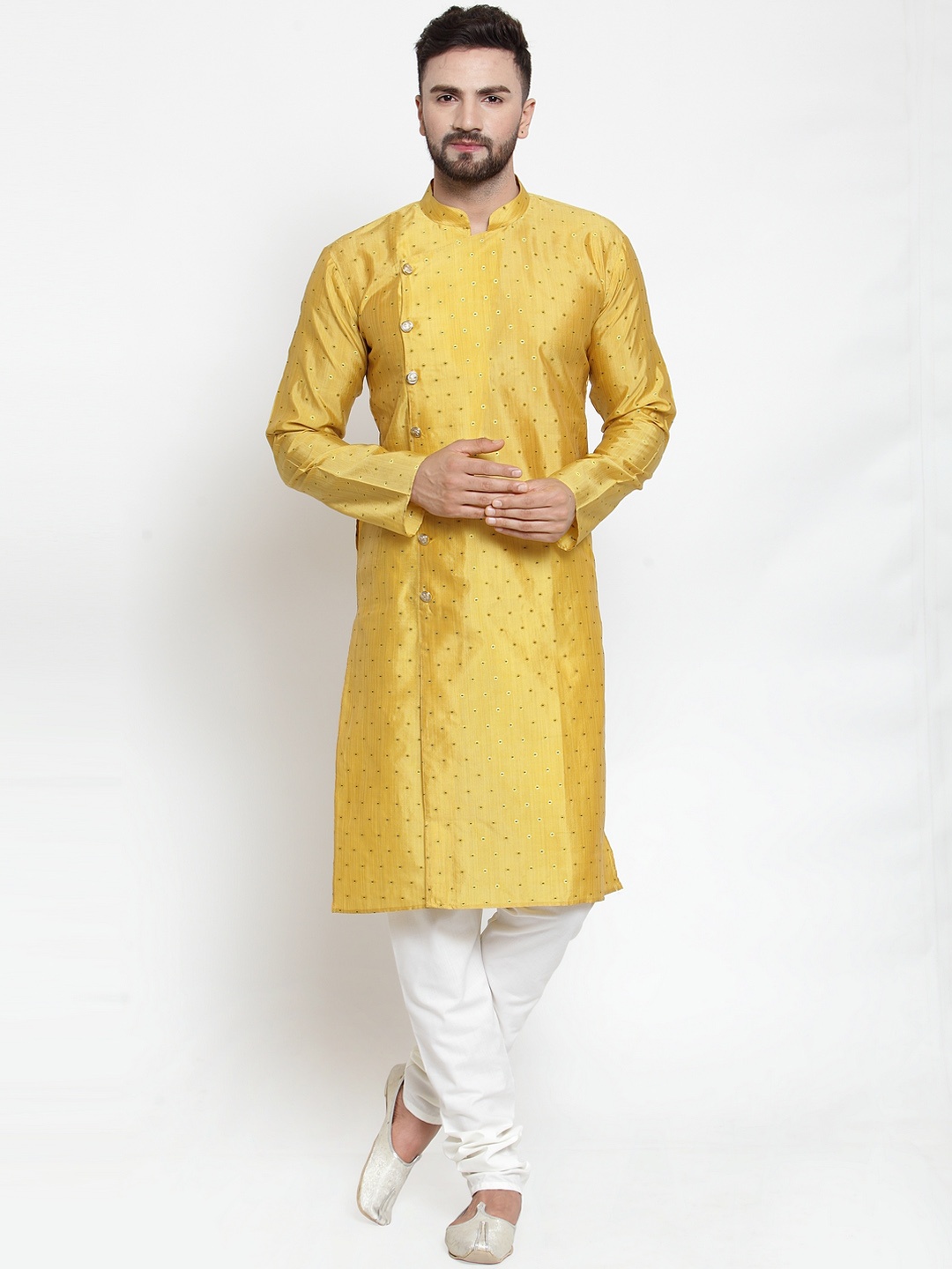 

Jompers Men Yellow & White Self Design Kurta with Churidar