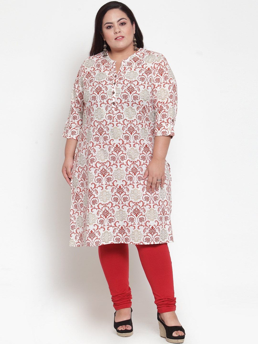 

plusS Women Off-White & Pink Printed Straight Kurta