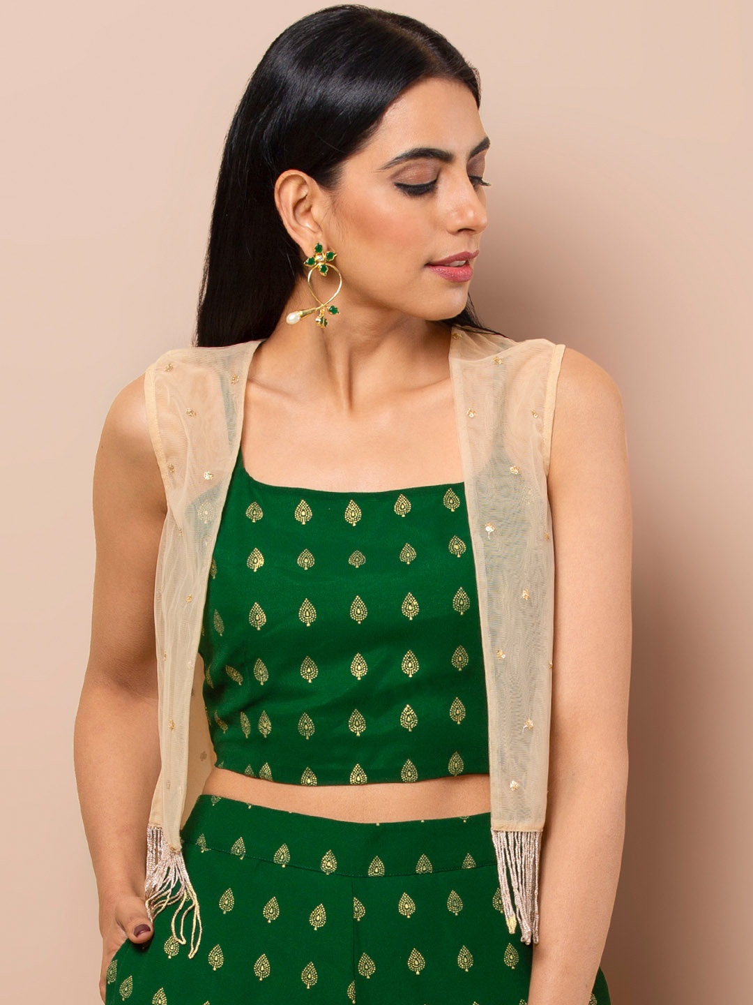 

INDYA Women Beige Self Design Open Front Shrug