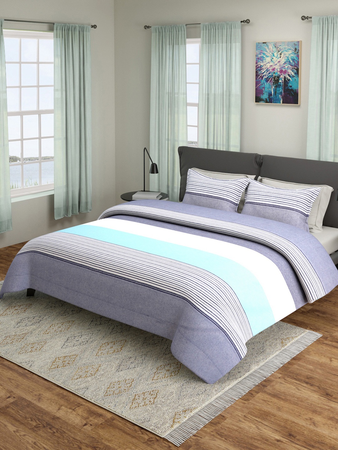 ROMEE Blue & White Striped Bed Cover With Pillow Covers