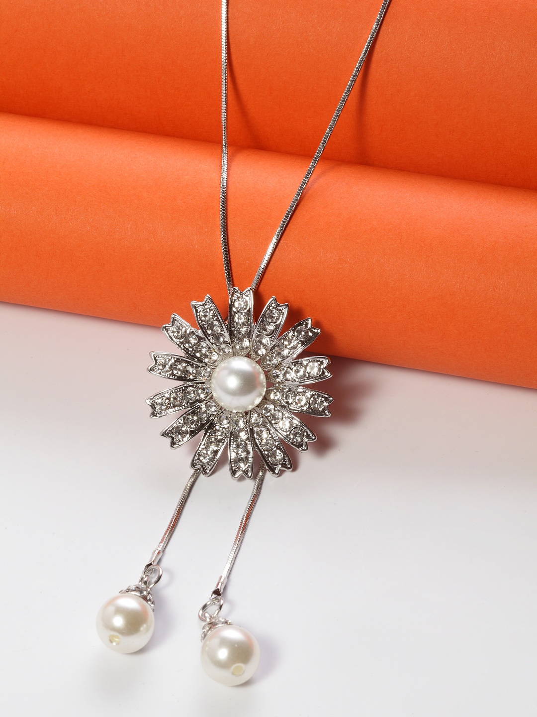 

Shining Diva Fashion Crystal Floral Metal Silver-Plated Antique Necklace