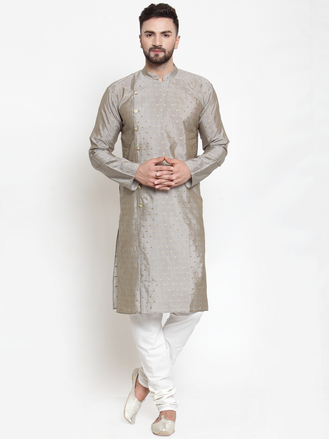 

Jompers Men Grey & White Self Design Kurta with Churidar
