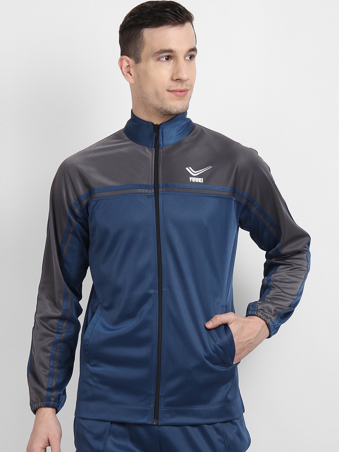 

Yuuki Men Teal Blue & Grey Colourblocked Sporty Jacket