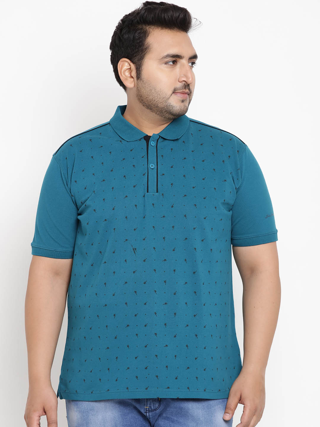 

John Pride Plus Size Men Teal Green Printed Stretchable Polo Collar T-shirt