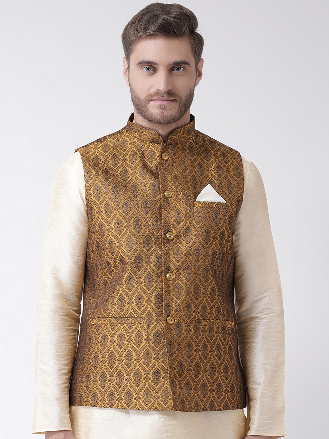 

DEYANN Men Yellow & Black Woven Design Nehru Jacket