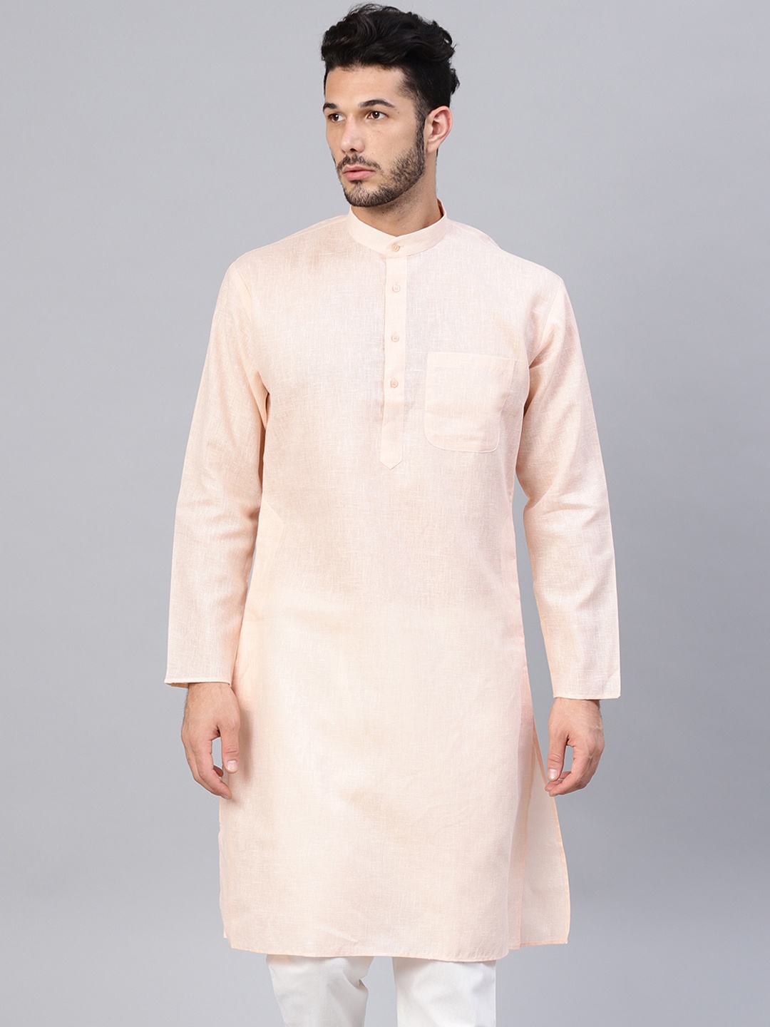 

SOJANYA Men Peach-Coloured Solid Straight Kurta