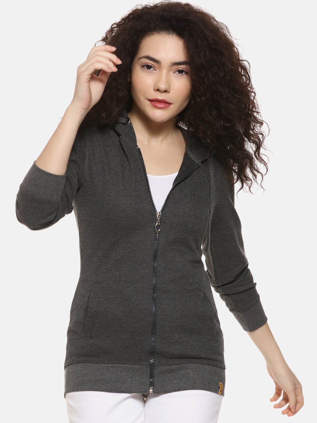 Campus Sutra Women Charcoal Grey Solid Hooded Sweatshirt