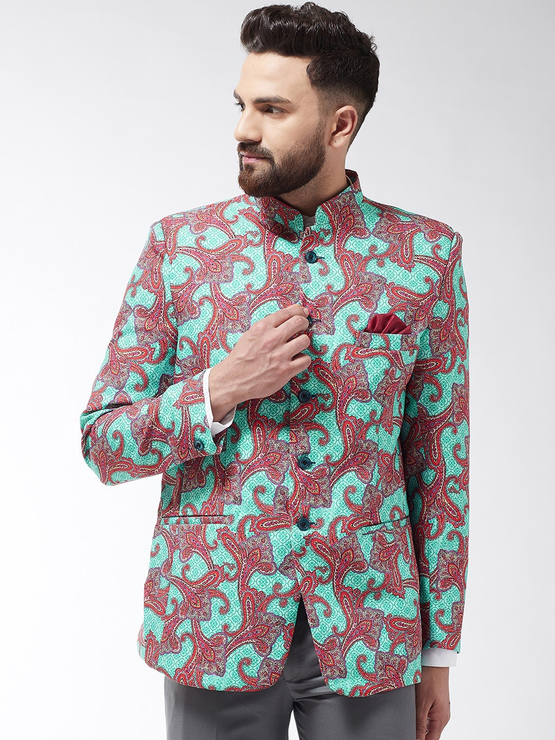 

SOJANYA Men Turquoise Blue & Red Printed Bandhgala Blazer