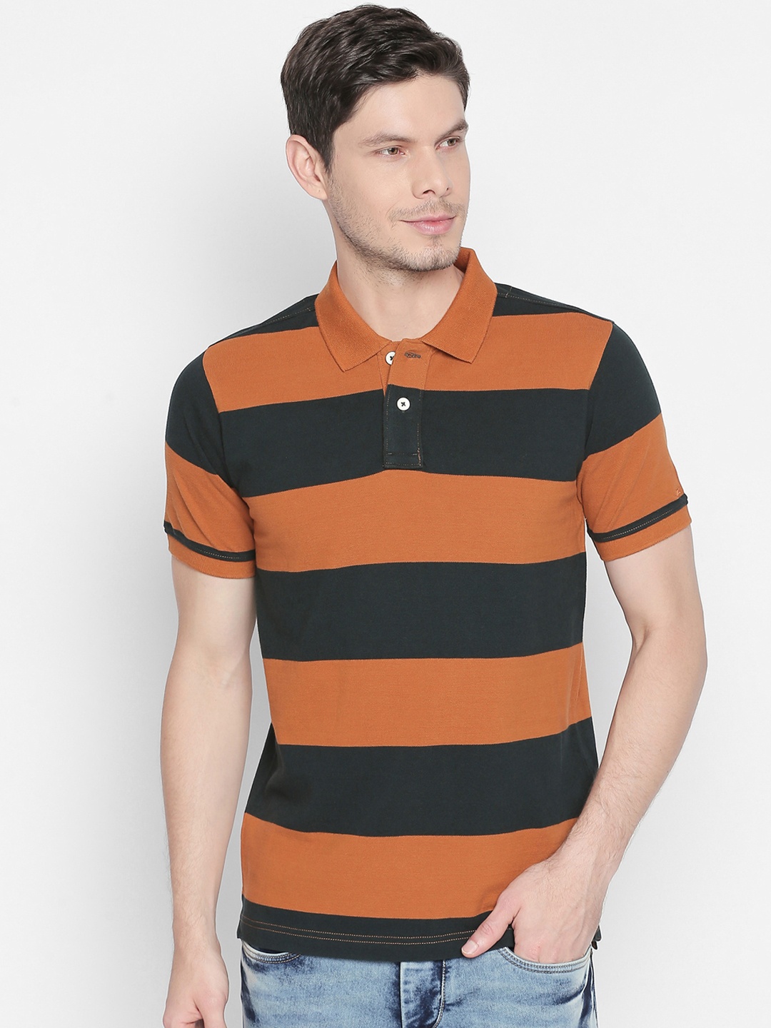 

Basics Men Brown Striped Polo Collar T-shirt
