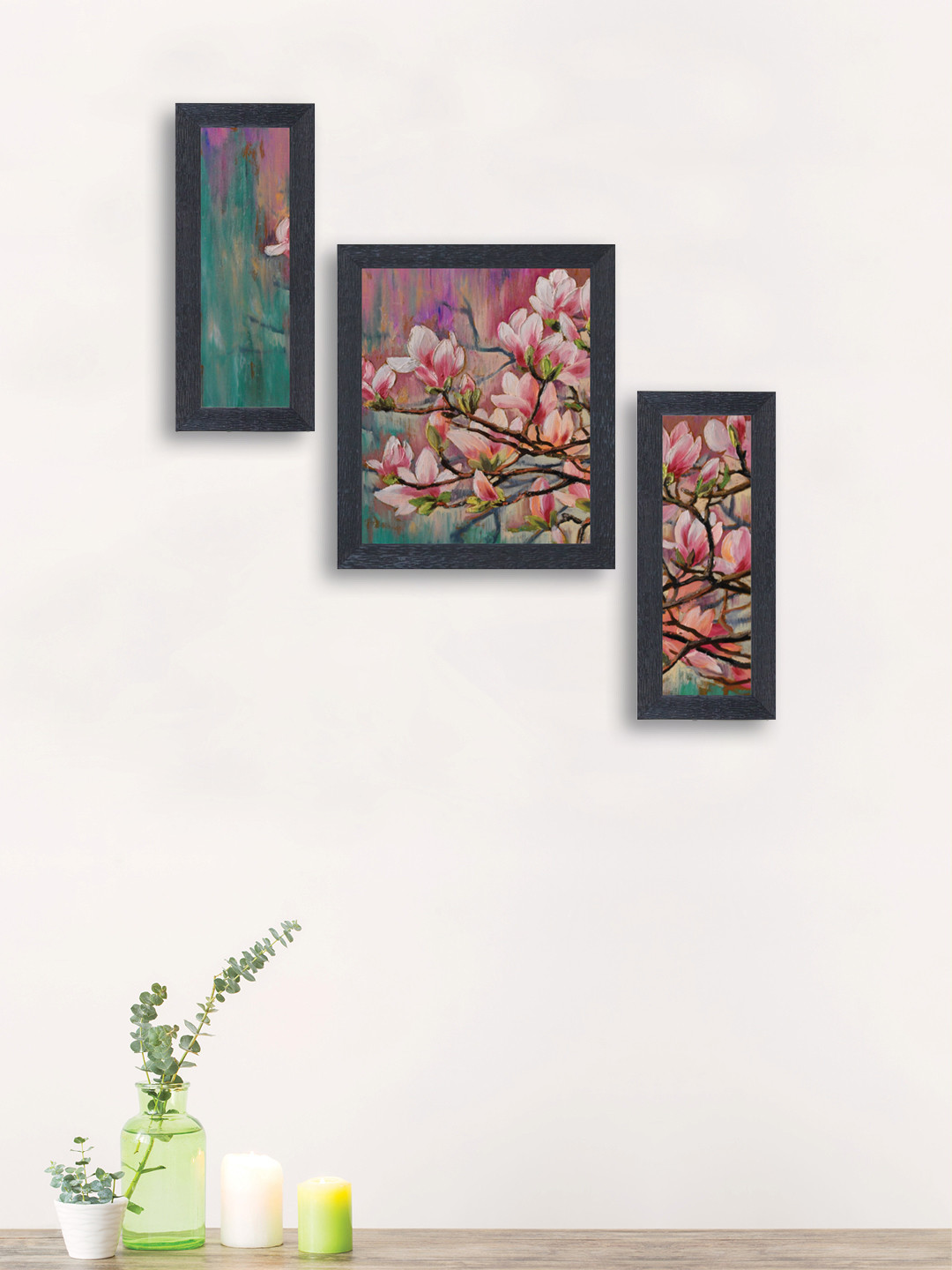 

nest ART Set of 3 Pink & Green Synthetic Wood Abstract Wall Art