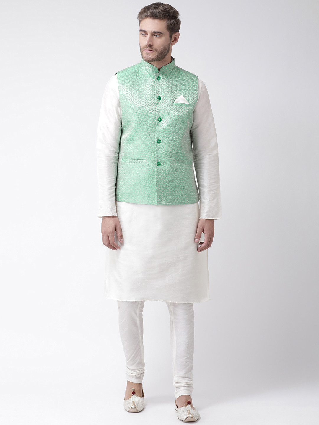 

DEYANN Men Off-White Solid Dupion Silk Kurta Set