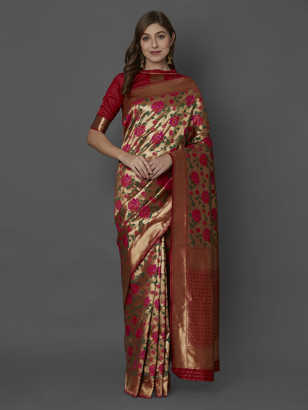 

Mitera Gold-Toned & Pink Silk Blend Woven Design Kanjeevaram Saree
