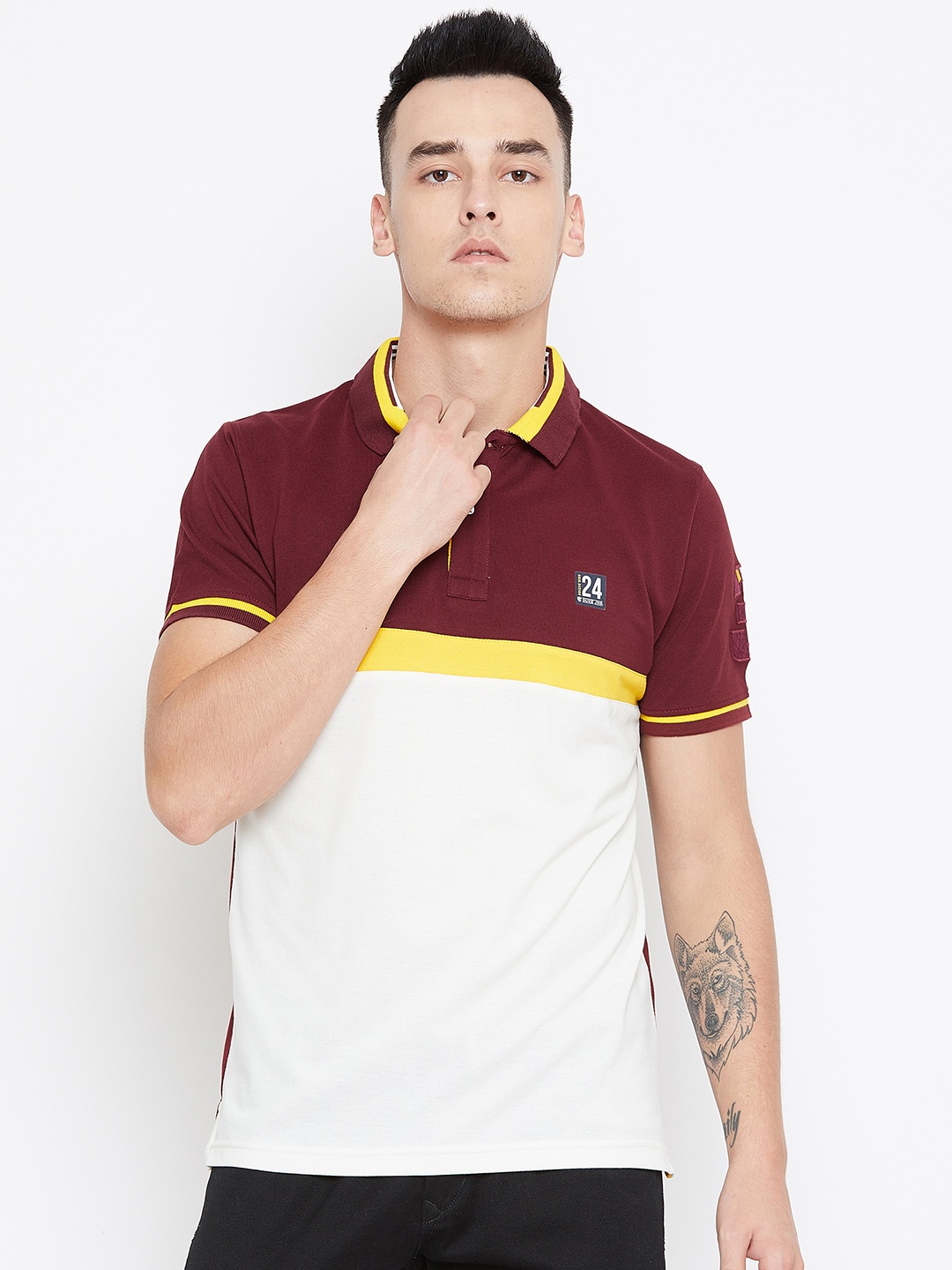 

Duke Men Maroon Colourblocked Polo Collar T-shirt