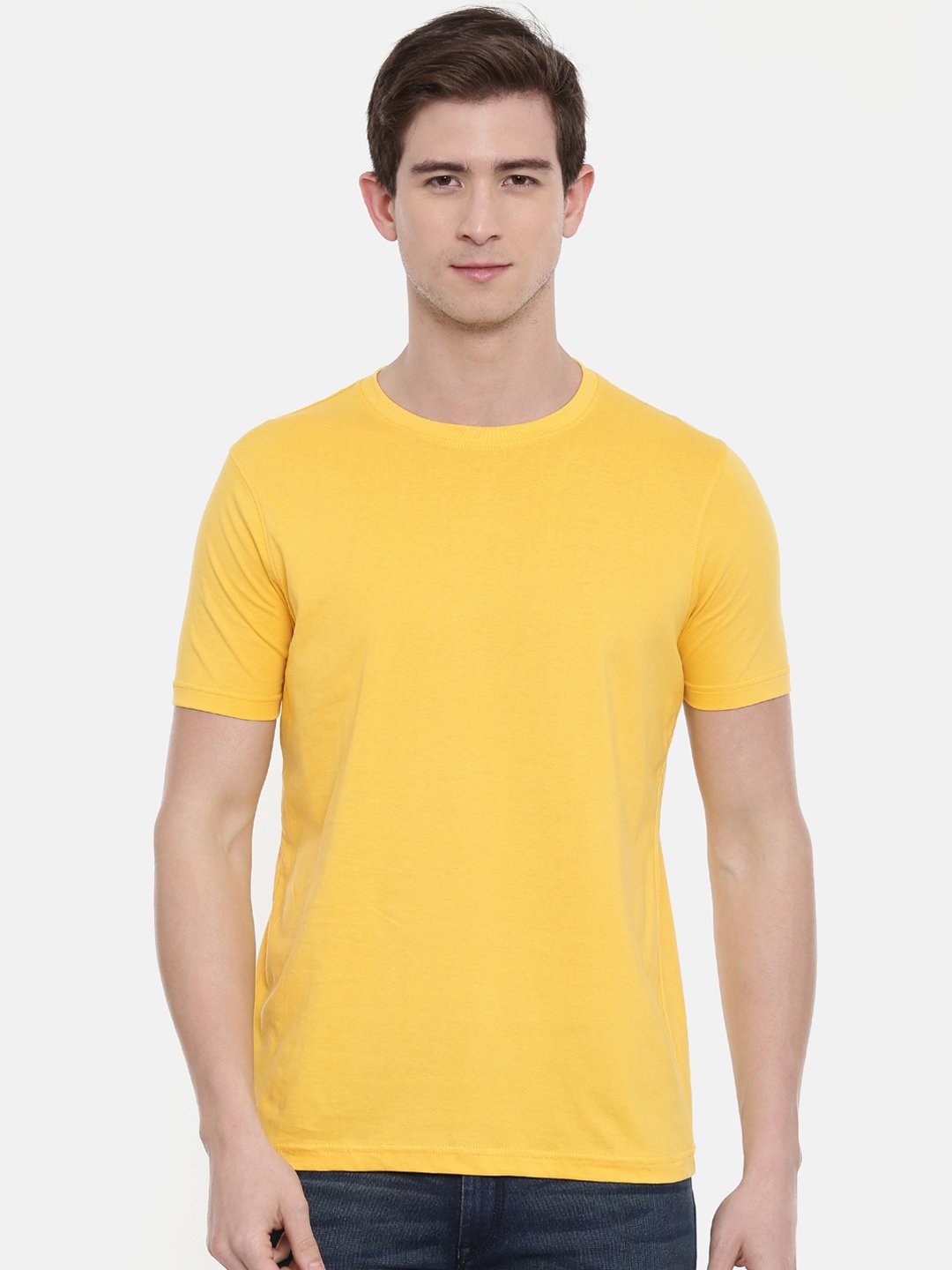 Bushirt Men Yellow Solid Round Neck Pure Cotton T-shirt