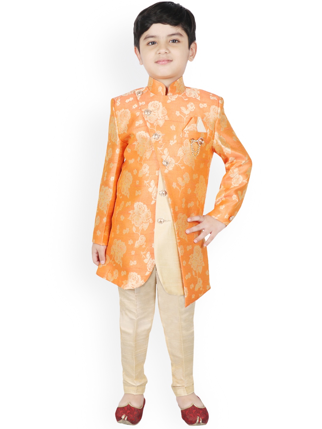 

SG YUVRAJ Boys Orange & Gold-Coloured Silk Woven Design Sherwani Set