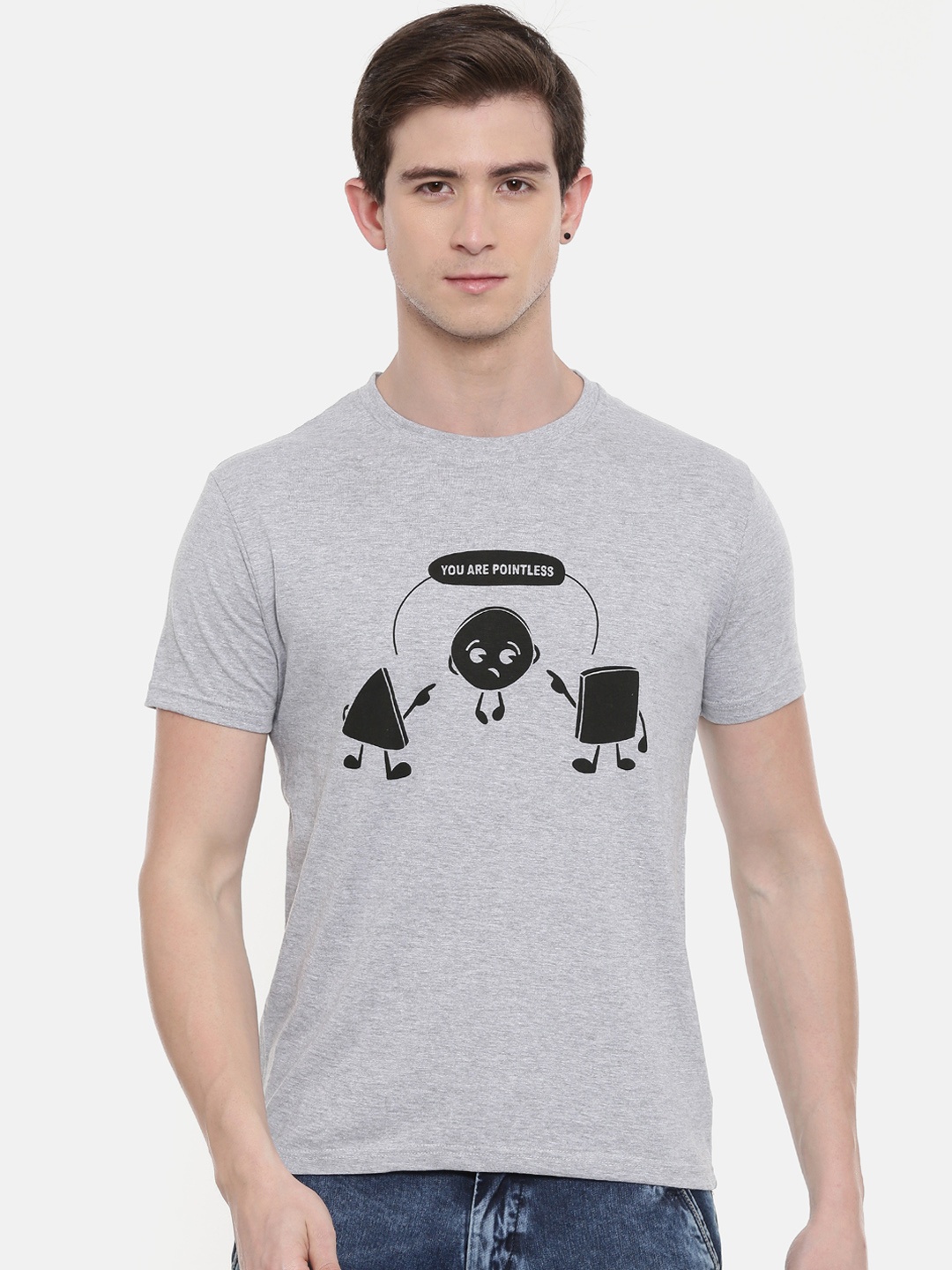 Bushirt Men Grey Melange Printed Round Neck Pure Cotton T-shirt