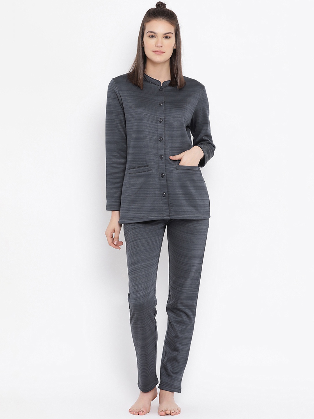

Kanvin Women Navy Blue Striped Night Suit