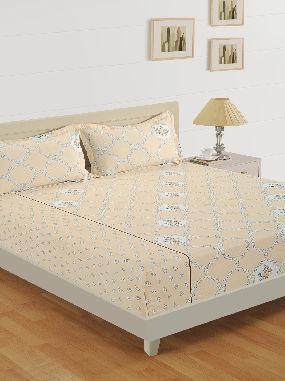 

SWAYAM Beige Floral 144 TC Cotton 1 Queen Bedsheet with 2 Pillow Covers