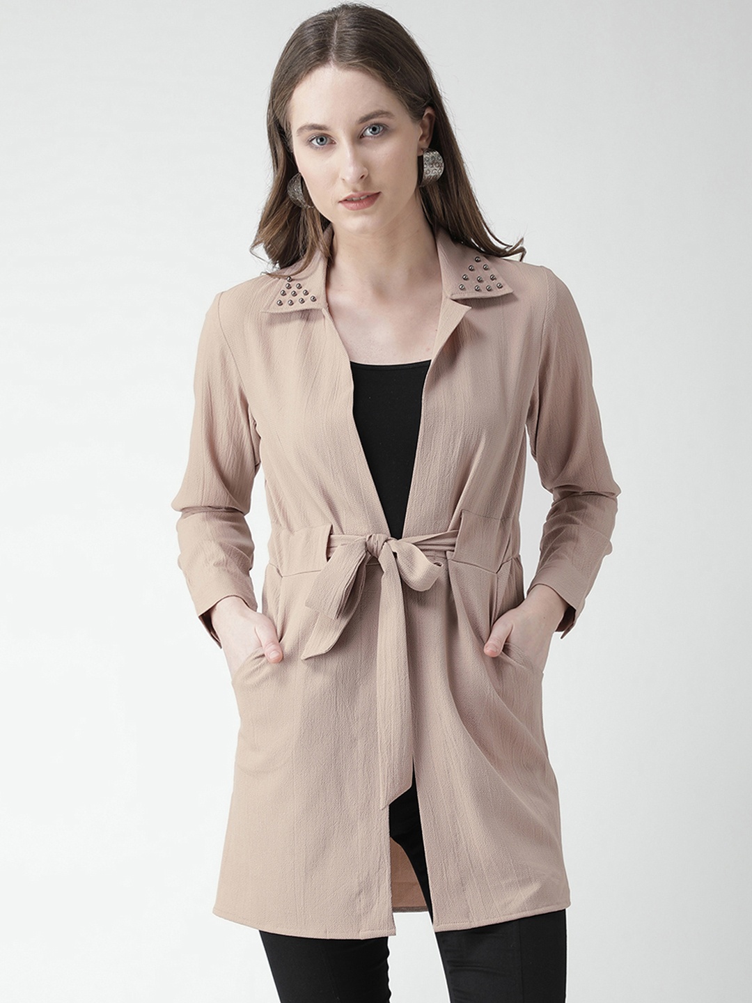 

KASSUALLY Women Beige Solid Tie-Up Shrug
