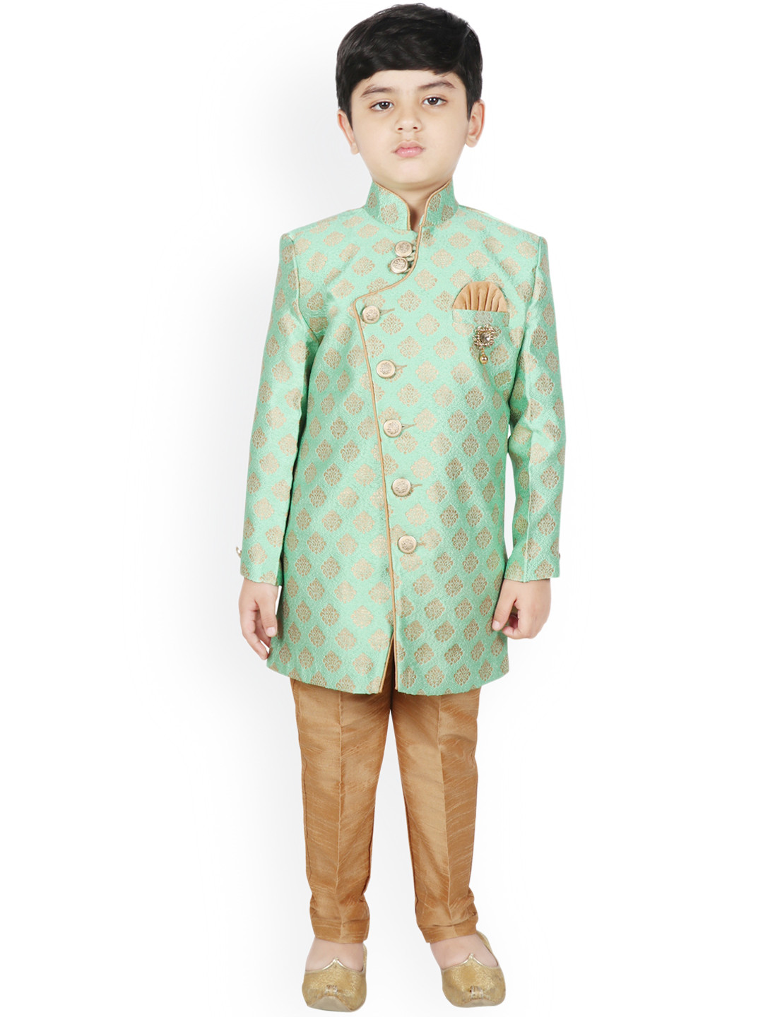 

SG YUVRAJ Boys Green & Brown Silk Woven Design Sherwani Set