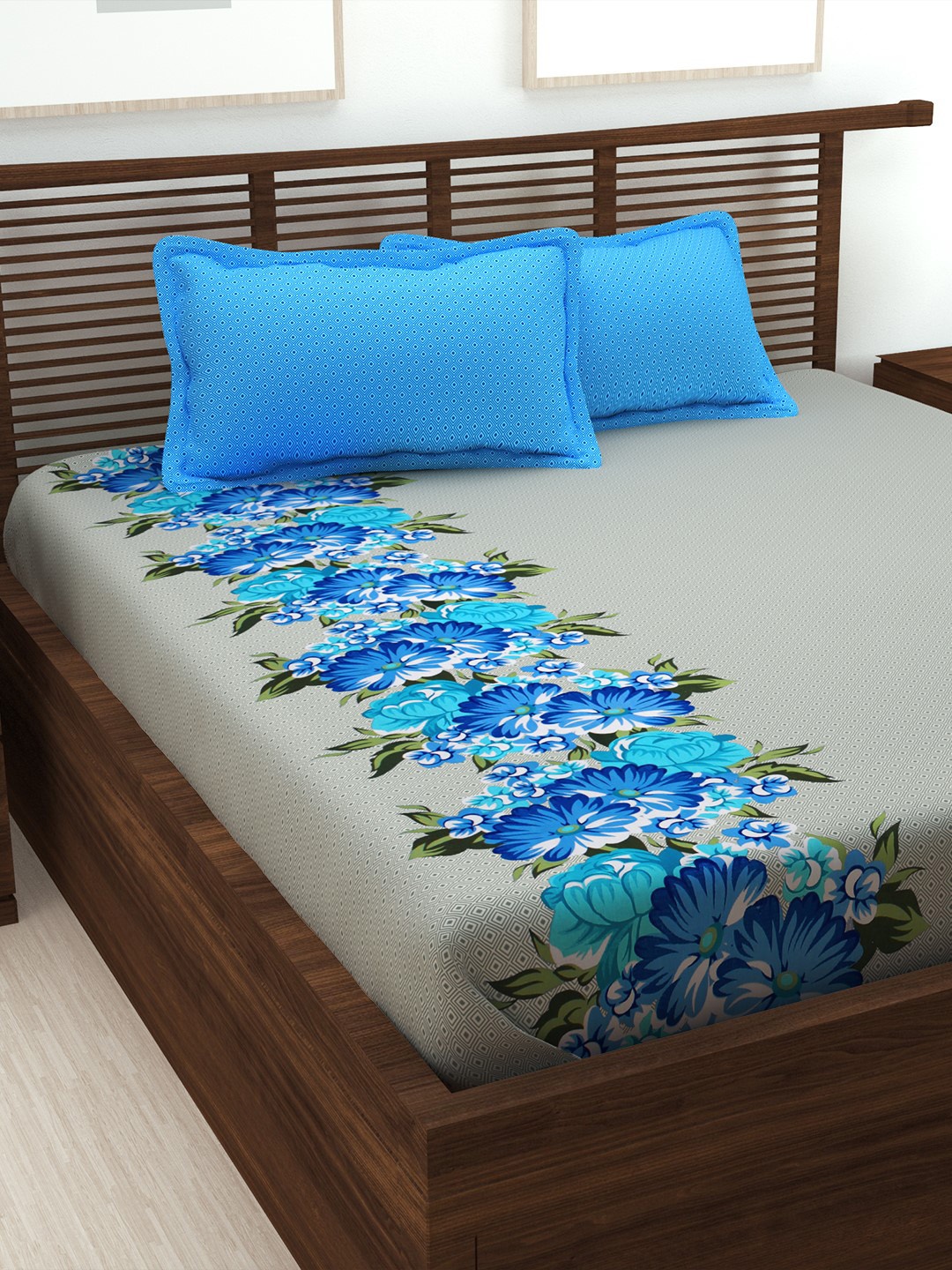 

Story@home Blue & Grey Floral 186 TC King Bedsheet with 2 Pillow Covers