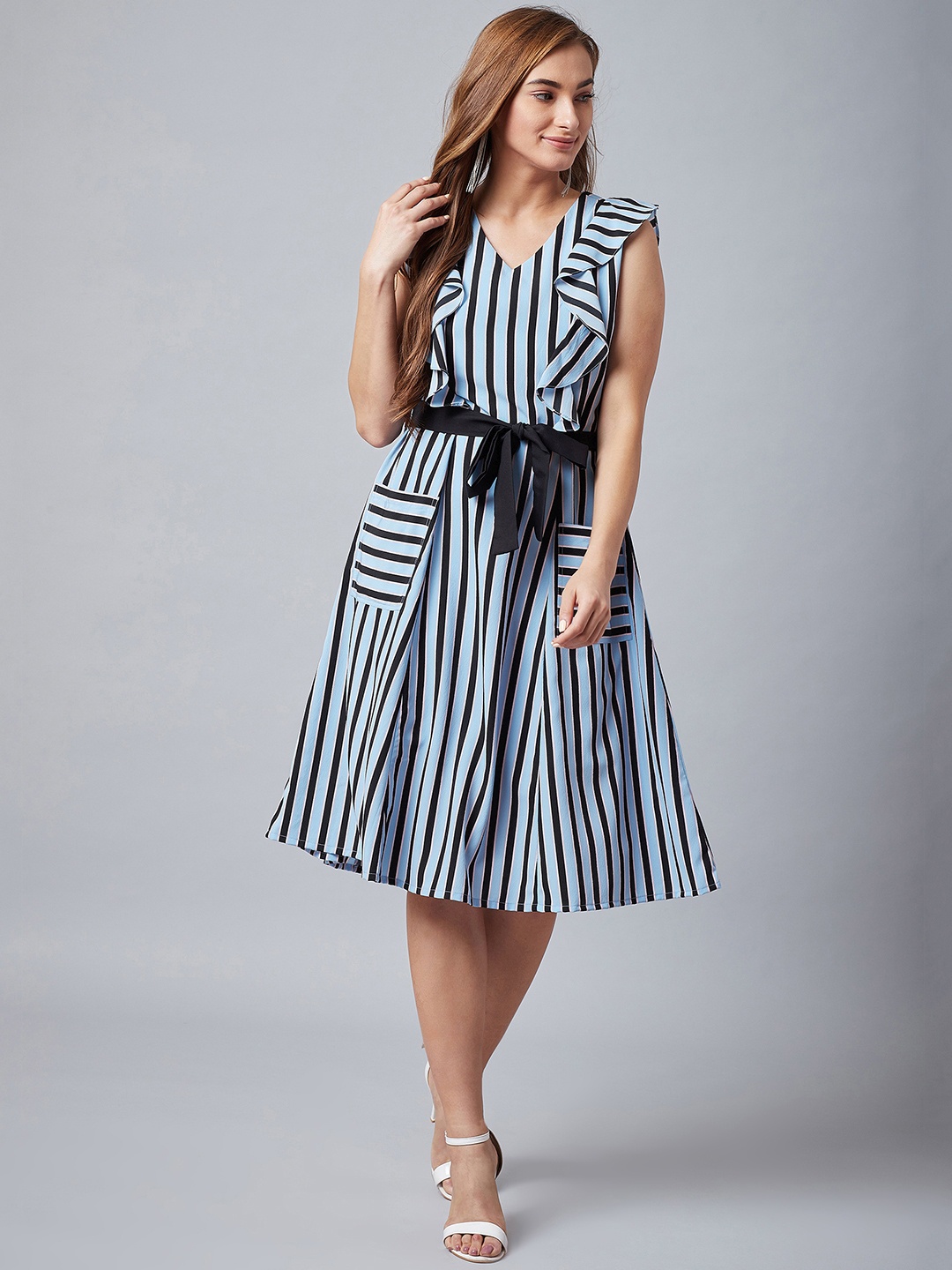 

Athena Women Striped Blue Fit and Flare Dress