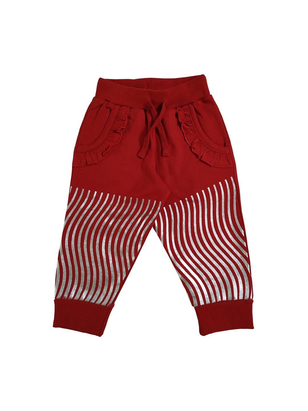 

KiddoPanti Girls Red & Silver-Coloured Striped Straight Fit Joggers
