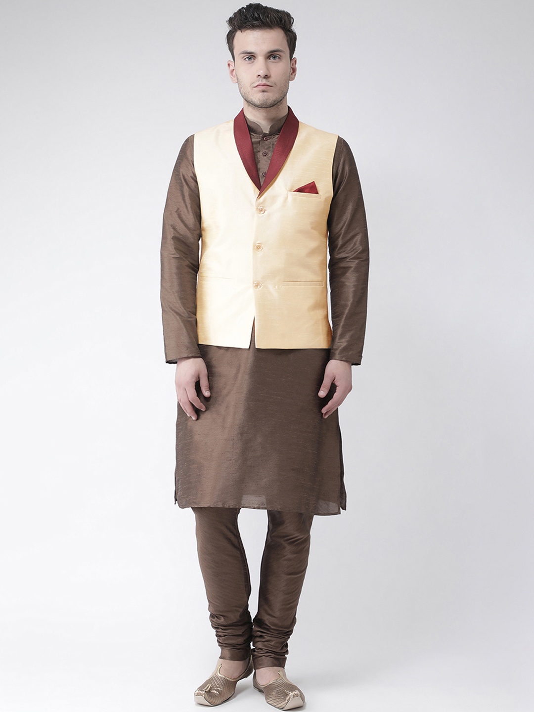 

DEYANN Men Cream-Coloured & Brown Colourblocked Kurta with Churidar