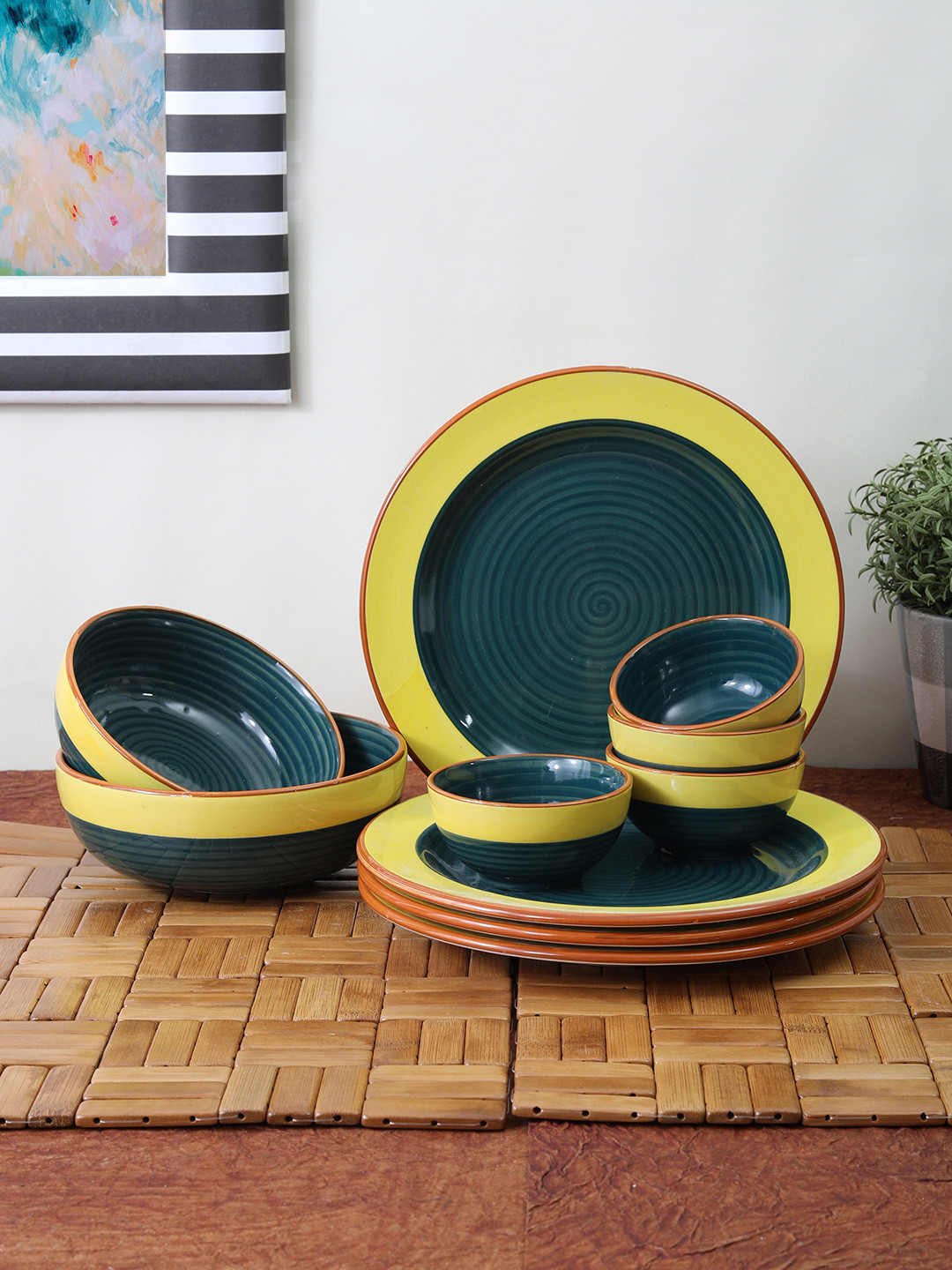 

VarEesha Set of 10 Green & Yellow Printed Ceramic Dinner Plates & Bowls