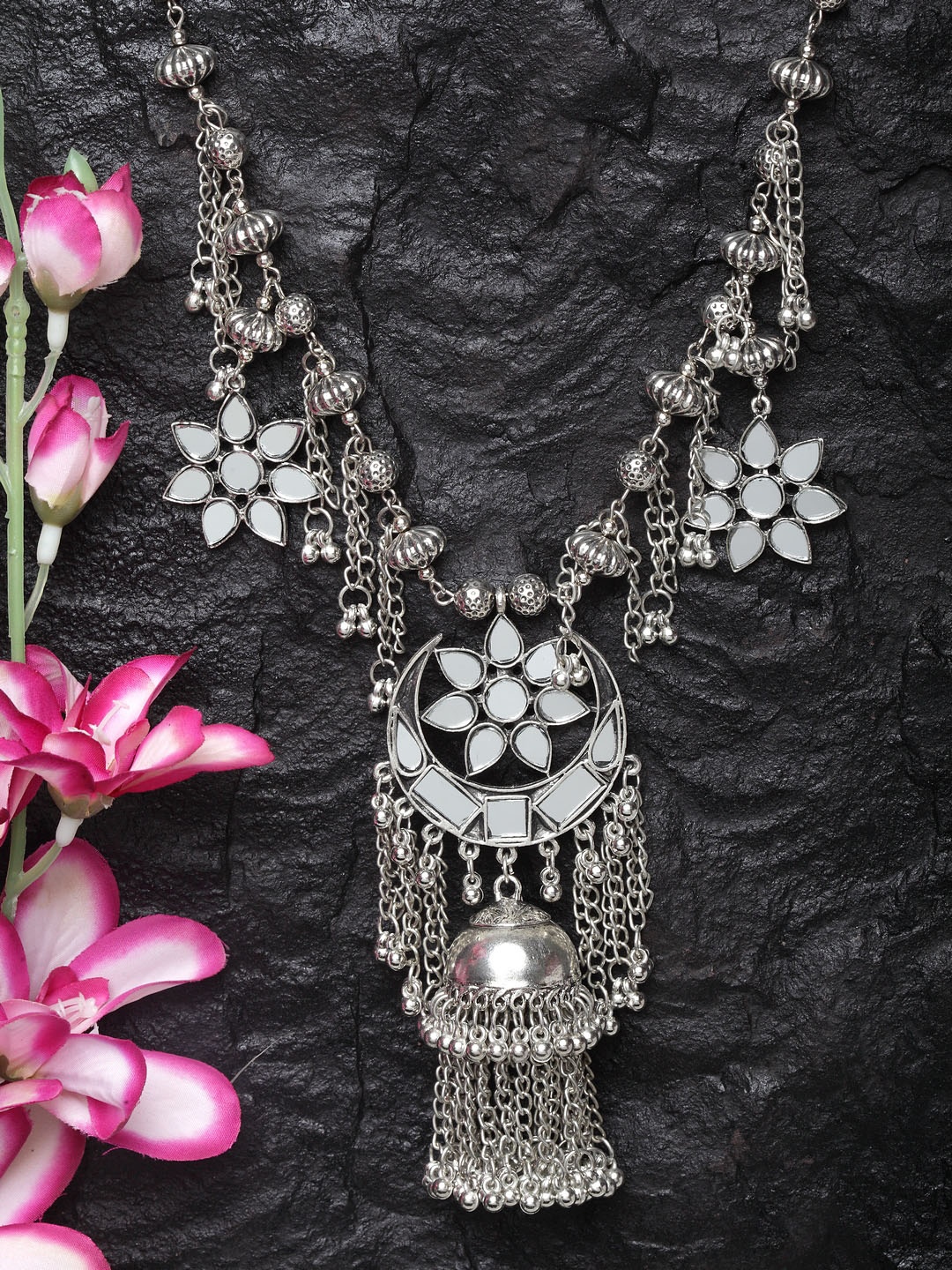 

Moedbuille Silver-Plated Mirror Studded Handcrafted Filigree Afghan Necklace
