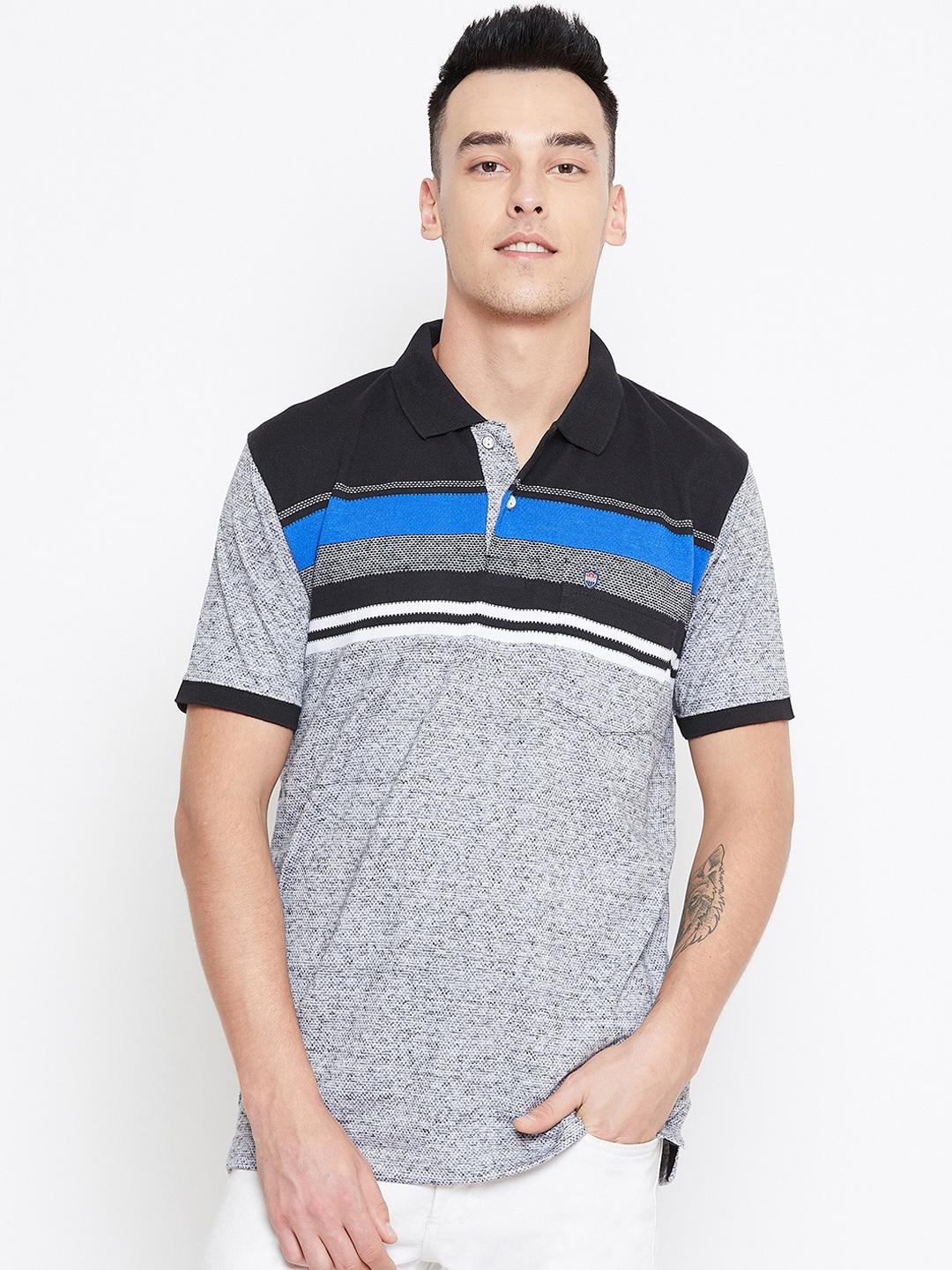

Duke Men Grey Striped Polo Collar T-shirt