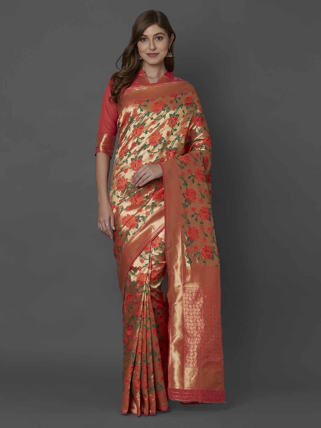 

Mitera Gold-Toned & Orange Silk Blend Woven Design Kanjeevaram Saree