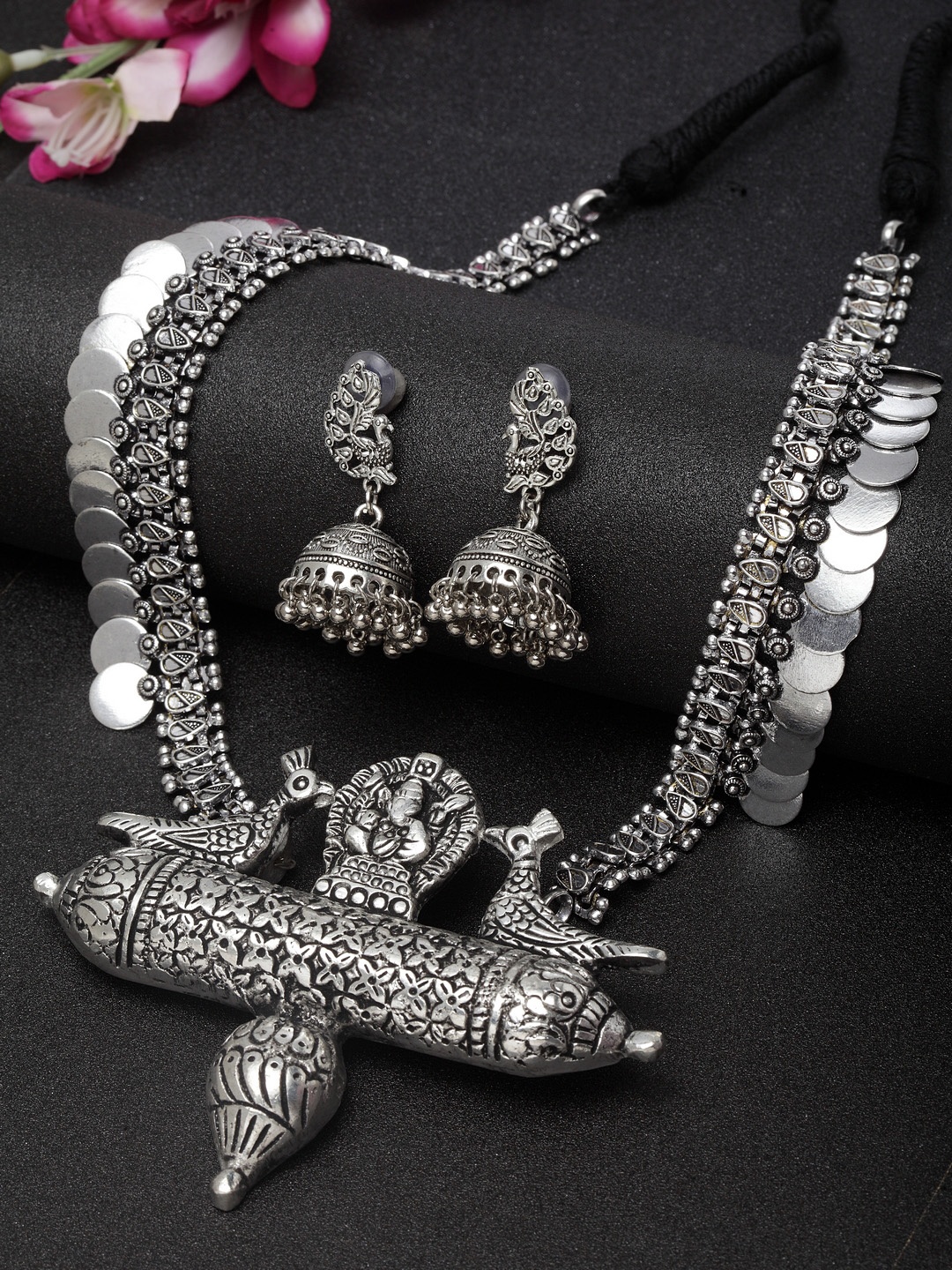 

Moedbuille Women Silver-Plated Handcrafted Temple Jewellery Set