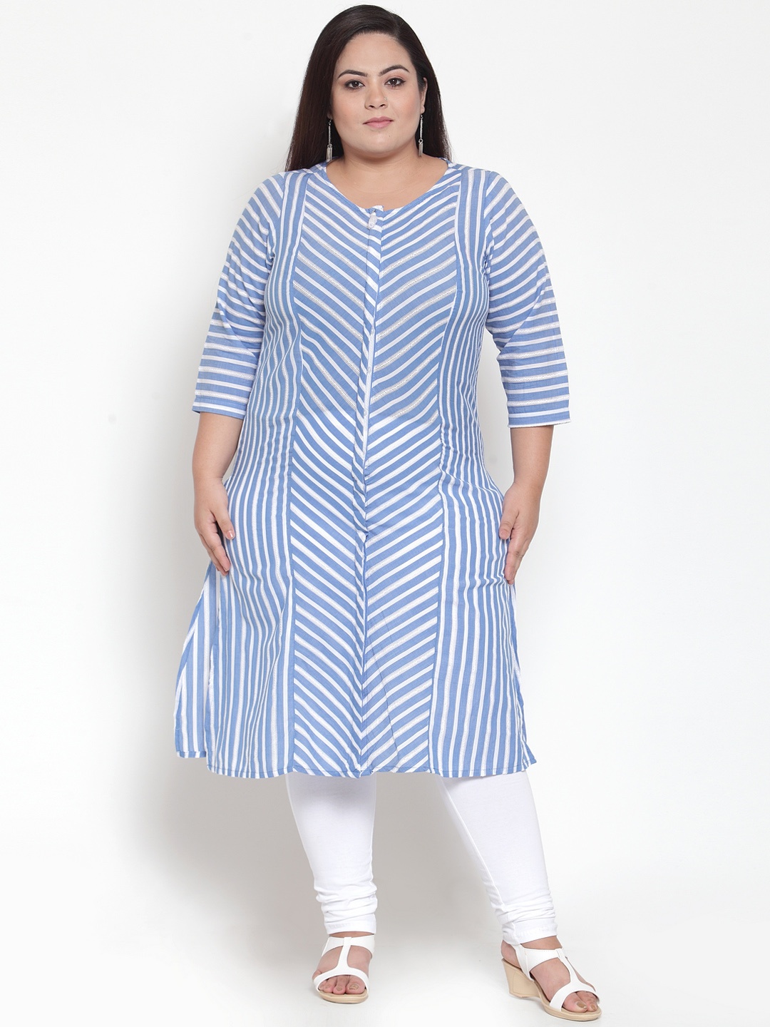 

plusS Women Blue & White Striped Straight Kurta