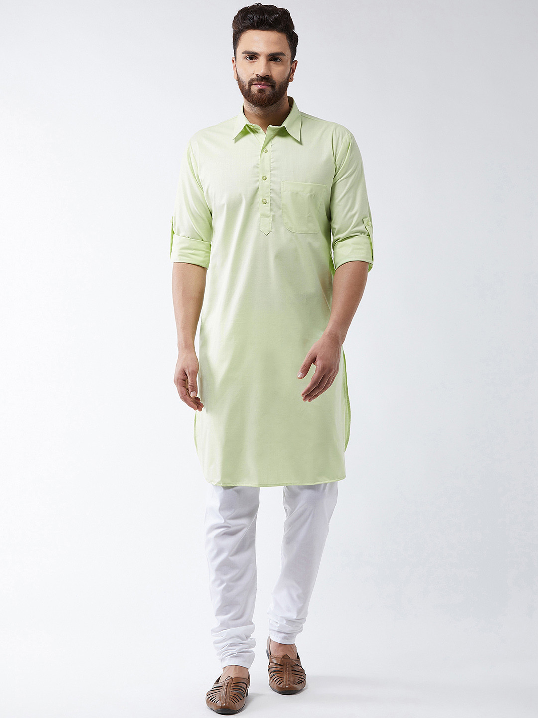 

SOJANYA Men Green & White Solid Pathani Kurta with Churidar