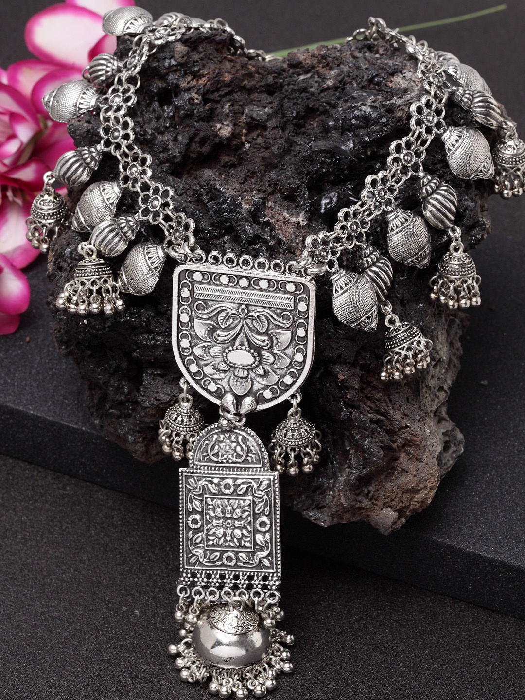 

Moedbuille Silver-Plated Handcrafted Tassel Oxidised Afghan Pendant Necklace