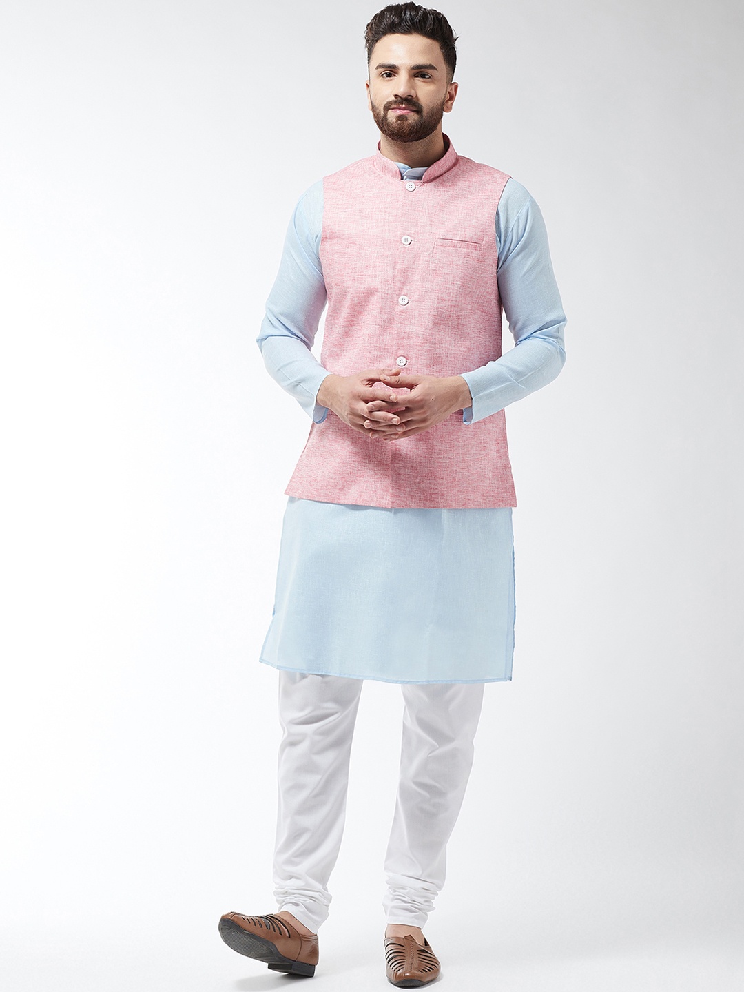 

SOJANYA Men Turquoise Blue & Coral Solid Kurta And Churidar With Nehru Jacket