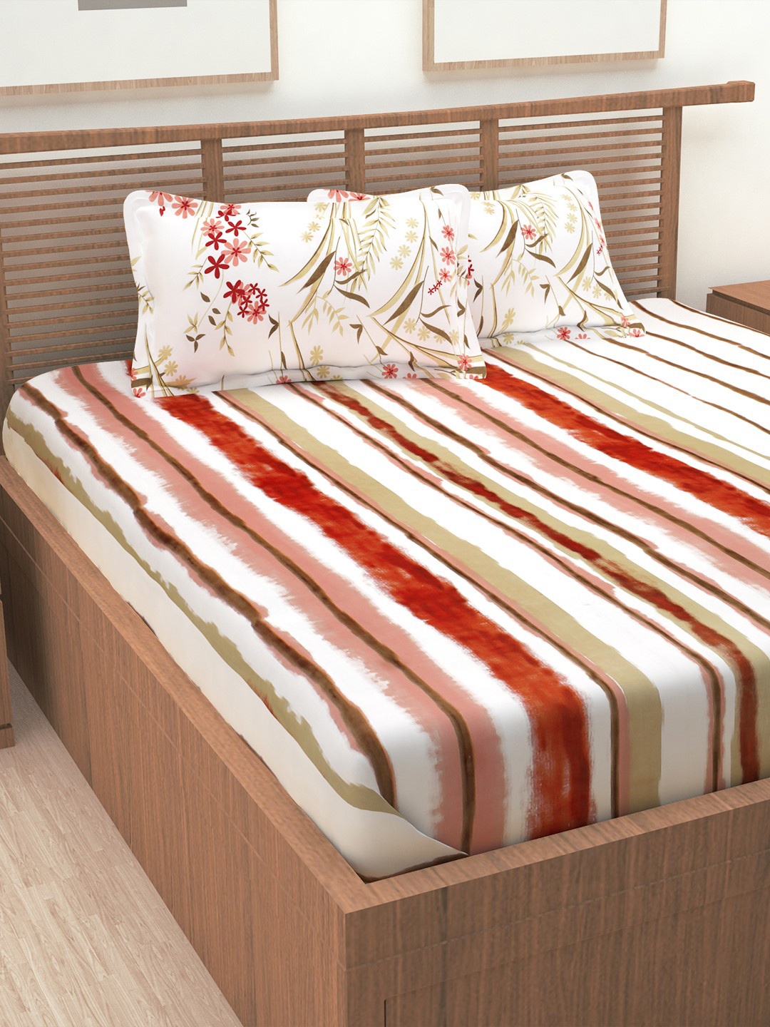 

Story@home White & Orange Striped 186 TC 1 King Bedsheet with 2 Pillow Covers