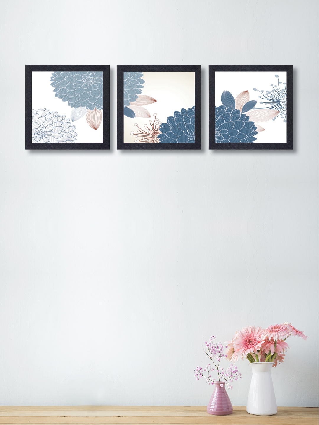 

nest ART Set of 3 Blue & White Synthetic Wood Flower Wall Art